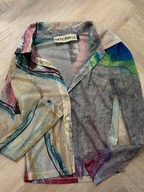 Rationalle Long Sleeve Mesh Multicolor See Through Button Front Collar Top